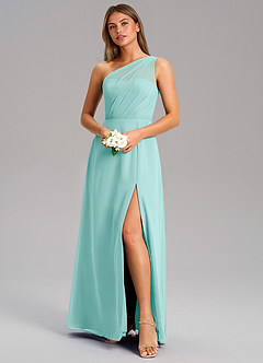 Azazie Phaedra Bridesmaid Dresses Aqua A-Line One Shoulder Chiffon Dress image12