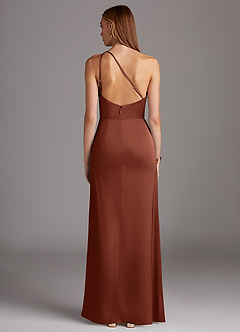 Azazie Mika Bridesmaid Dresses Clay Sheath One Shoulder Stretch Satin Dress image2