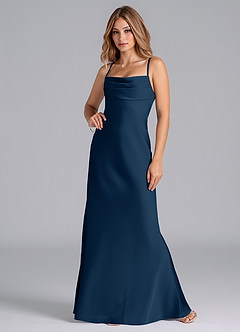 Azazie Seema Vestidos de damas de honor Vestido de Azul Marino Oscuro de Satén Elástico de Corte Sirena con Corsé image4