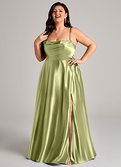 Azazie Elle Vestidos de damas de honor Vestido de Pistacho de Satén Metálico de Corte en A con Con bolsillos image9