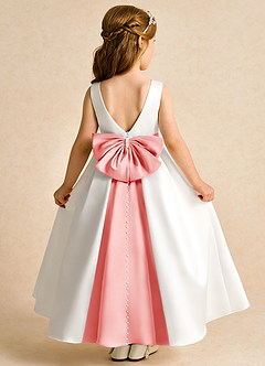 Azazie Cherry Flower Girl Dresses Ivory Coral Ball-Gown Pleated Matte Satin Dress image1