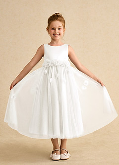 Azazie Lux Robe Demoiselle D'honneur Fillette Robe Trapèze en Tulle Perlé Ivoire image4