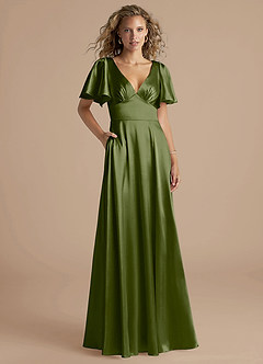 Azazie Kimber Bridesmaid Dresses Olive A-Line Ruched Metallic Satin Dress image1