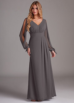 Azazie Matilda Bridesmaid Dresses Steel Grey A-Line Long Sleeve Chiffon Dress image4
