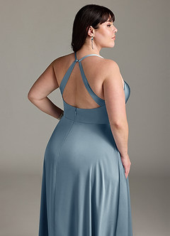 Azazie Davis Abiti da Damigella Abito A-Line in Raso Elasticizzato Plissettato Blu Polveroso image12