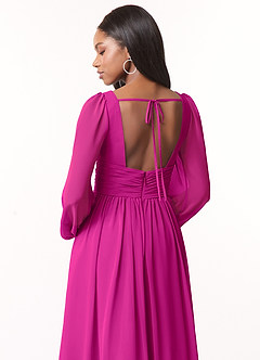 Azazie Norah Bridesmaid Dresses Fuchsia A-Line V-Neck Long Sleeve Chiffon Dress image3