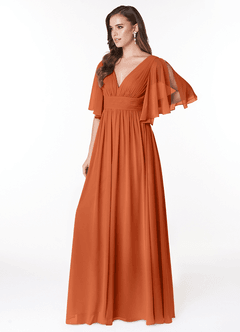 Azazie Temeka Robes de demoiselle d'honneur Robe Trapèze en Mousseline de soie Rayé Orange Brûlée image3