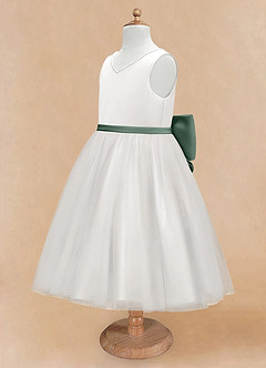 Azazie Seline Flower Girl Dresses Ivory Eucalyptus A-Line Bow Tulle Dress image8