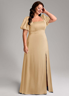 Azazie Fyona Bridesmaid Dresses Gold A-Line Pleated Stretch Satin Dress image13