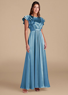 Azazie Daphne Modest Bridesmaid Dresses A-Line Ruched Metallic Satin Floor-Length Dress image4