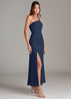 Azazie Eren At-home Try On Dresses Dark Navy Mermaid One Shoulder Chiffon Dress image4