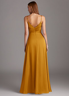 Azazie Calissa Brautjungfernkleider A-Linie V-Hals Gefaltet Stretch-Satin Kleid Butterscotch image2