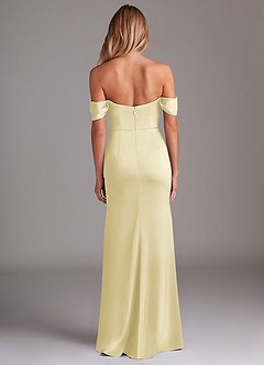 Azazie Saige Bridesmaid Dresses Lemon Sorbet Sheath Off the Shoulder Stretch Satin Dress image10