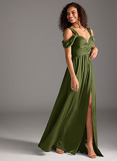 Azazie Lianne Bridesmaid Dresses Olive A-Line Off the Shoulder Stretch Satin Dress image6