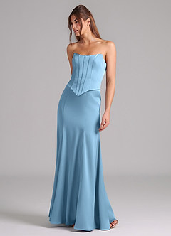 Azazie Ximena Vestidos de damas de honor Vestido de Azul Acero de Satén Elástico de Corte Sirena Convertible con Corsé image4