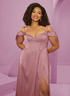 Barbie ♥ Azazie Bridesmaid Dresses Dusty Rose A-Line Off the Shoulder Stretch Satin Dress image6