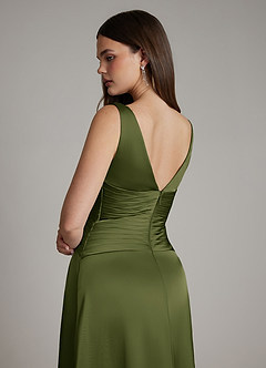 Azazie Pauline Bridesmaid Dresses Olive A-Line Pleated Stretch Satin Dress image4