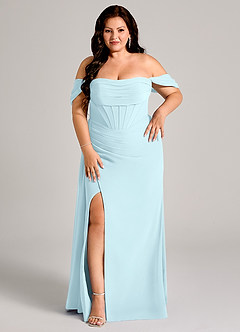 Azazie Amyra Bridesmaid Dresses Cloud Blue Sheath Off the Shoulder Chiffon Convertible Dress image12