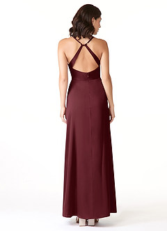 Azazie Geanna Vestidos de damas de honor Vestido de Cabernet de Satén Elástico de Corte Recto con Cuello en V Plisado image2