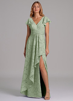 Azazie Omari 신부 들러리 드레스 A라인 주름진 플로럴 번아웃 바닥 길이 드레스 image4