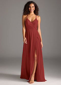 Azazie Davis Bridesmaid Dresses Rust A-Line Pleated Mesh Dress image2