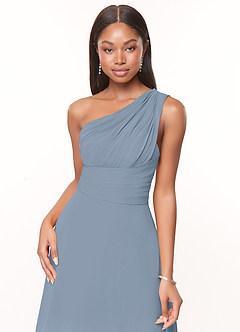 Azazie Ashley Bridesmaid Dresses Dusty Blue A-Line Ruched Chiffon Dress image5