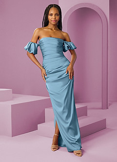 Barbie ♥ Azazie Brudtärnklänningar Klänning av Tubklänning i Stretch Satin Av axeln Stålblå Konvertibel image1