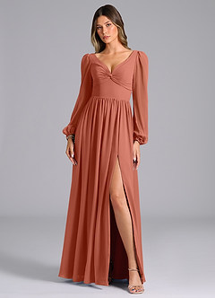 Azazie Teri Bridesmaid Dresses Clay A-Line Long Sleeve Chiffon Dress image4