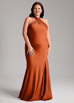 Azazie Lorena Bridesmaid Dresses Burnt Orange Mermaid Pleated Stretch Satin Dress image9