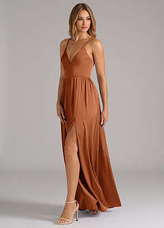 Azazie Aaida Bridesmaid Dresses Copper A-Line Corset Stretch Satin Dress image3