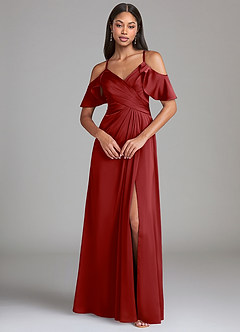 Azazie Dakota Bridesmaid Dresses Pomegranate A-Line Off the Shoulder Stretch Satin Dress image3