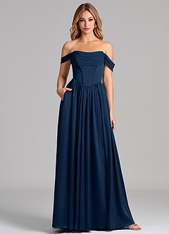 Azazie Raisa Bridesmaid Dresses Dark Navy A-Line Off the Shoulder Stretch Satin Dress image1