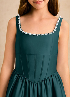 Azazie Enid Girls Formal Blomsterpigekjoler A-Line Perlebesat Stræk satin Gulv-længde Kjole image6