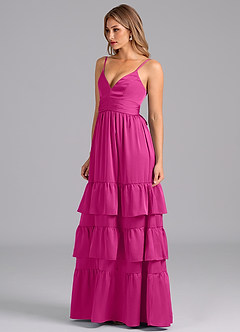 Azazie Nathalia Bridesmaid Dresses Fuchsia A-Line Pleated Stretch Satin Dress image4