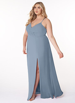 Azazie Everleigh Vestidos de damas de honor Vestido de Azul Polvoriento de Gasa de Corte en A con Corazón plisado image11