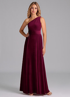 Azazie Dallas Vestidos de damas de honor Vestido de Cabernet de terciopelo de Corte en A con Hombro unilateral image4