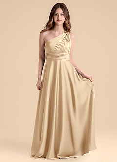 Azazie Charlize Junior A-Linie Plissee Stretch-Satin Kleid Champagner image4