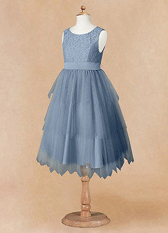 Azazie Chica Flower Girl Dresses Dusty Blue A-Line Lace Tulle Dress image13