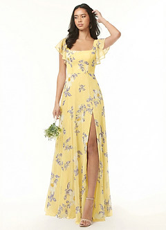 Azazie Bondi Robes de demoiselle d'honneur Robe Trapèze en Mousseline de soie Volant Sorbet Au Citron,Fleurs Du Nouvel An image2