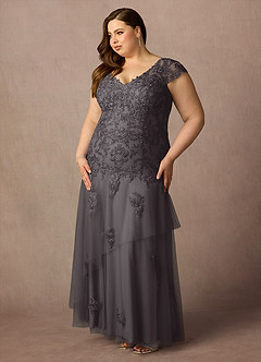 Azazie Romy Mother of the Bride Dresses Steel Grey Mermaid V-Neck Sequins Tulle Dress image9