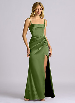 Azazie Auden Robes de demoiselle d'honneur Robe Fourreau Convertible en Satin extensible Épaule décolletée Genévrier image3