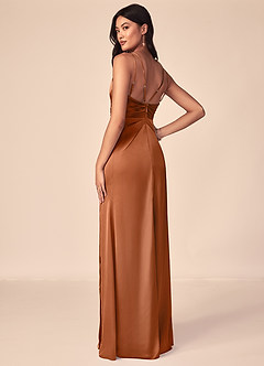 Azazie Aqua Bridesmaid Dresses Copper A-Line V-Neck Pleated Stretch Satin Dress image3