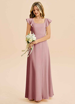 Azazie Bondi Junior A라인 사이드 슬릿 스트레치 새틴 플로어 길이 주니어 신부 들러리 드레스 image5