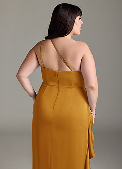 Azazie Latrice Bridesmaid Dresses Butterscotch Sheath One Shoulder Cascading Ruffles Stretch Satin Dress image12