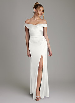 Azazie Teyana Bridesmaid Dresses White Sheath Off the Shoulder Stretch Satin Dress image1