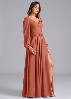 Azazie Teri Bridesmaid Dresses Clay A-Line Long Sleeve Chiffon Dress image3