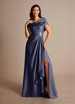 Azazie Branford Mère de la mariée Robes Robe Trapèze en Satin extensible Plissé Bleu Orageux image6