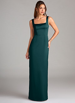 Azazie Flori Robes de demoiselle d'honneur Robe Fourreau en Satin extensible Fente Latérale Vert Pin image1