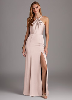 Azazie Elana Robes de demoiselle d'honneur Robe Fourreau en Satin extensible Fente Latérale Rose Pâle image1