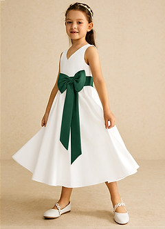 Azazie Darling Flower Girl Dresses Ivory Dark Green A-Line Bow Cotton Dress image3